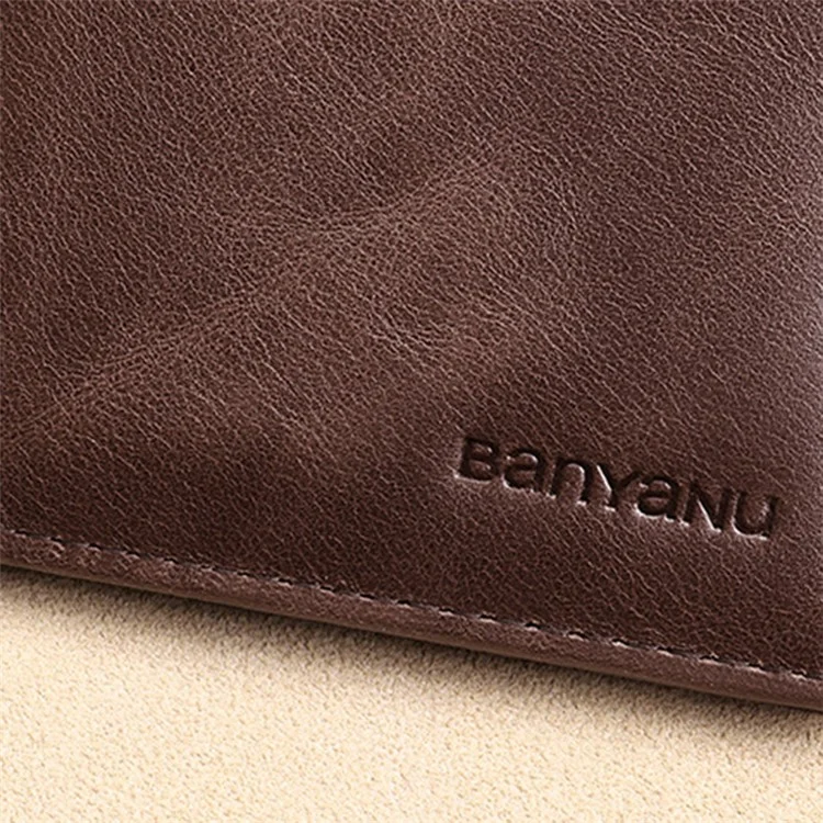 BANYANU N776 Carteira Curta de Couro de Boi para Homens - Ultra-fina Bolsa de Armazenamento de Dinheiro e Cartão - Couro Retro / Café