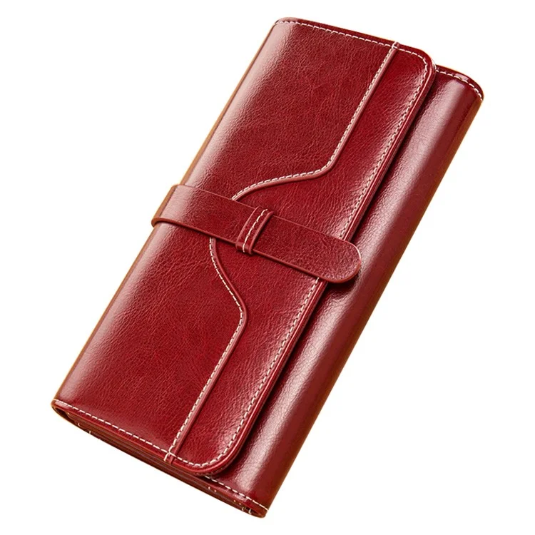 BANYANU BYN-8088 Portefeuille long pour femmes Stylish Oil Wax Cowhide Clutch Purse - Vin Rouge
