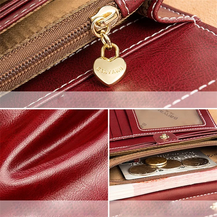 BANYANU BYN-8088 Portefeuille long pour femmes Stylish Oil Wax Cowhide Clutch Purse - Vin Rouge