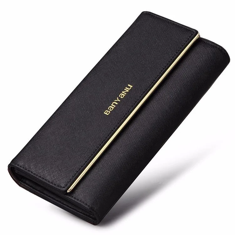 BANYANU BYN-1611 Second-layer Cowhide Women Long Wallet Tri-fold Clutch Purse - Black