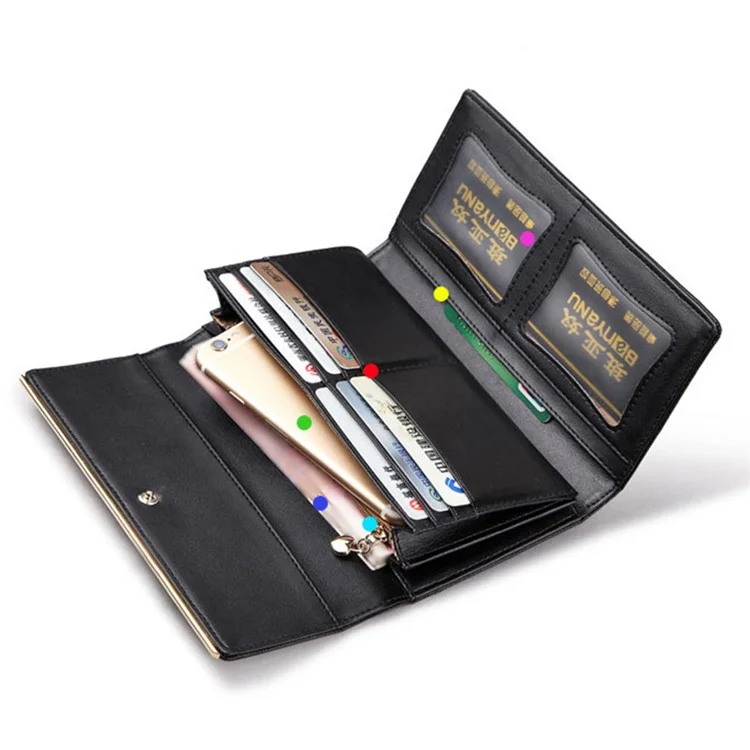 BANYANU BYN-1611 Second-layer Cowhide Women Long Wallet Tri-fold Clutch Purse - Black