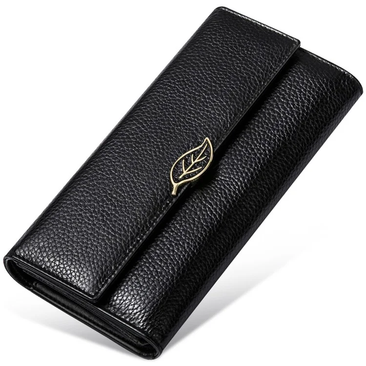 BANYANU BYN-853 Carteira Longa Feminina com Decoração de Folhas Textura de Lichia Couro Bovino - Preto 