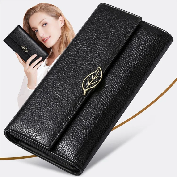 BANYANU BYN-853 Carteira Longa Feminina com Decoração de Folhas Textura de Lichia Couro Bovino - Preto 