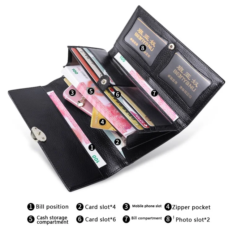 BANYANU BYN-853 Carteira Longa Feminina com Decoração de Folhas Textura de Lichia Couro Bovino - Preto 