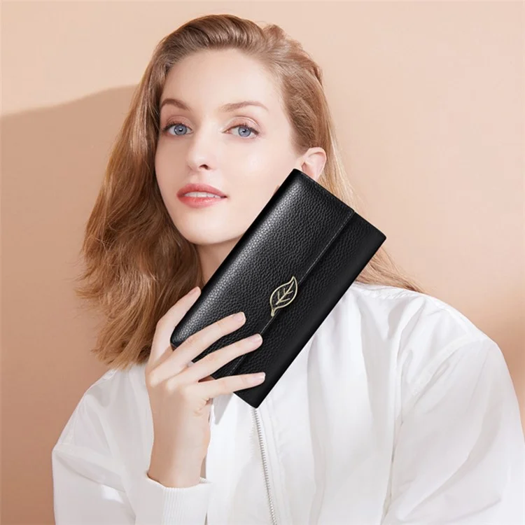 BANYANU BYN-853 Carteira Longa Feminina com Decoração de Folhas Textura de Lichia Couro Bovino - Preto 