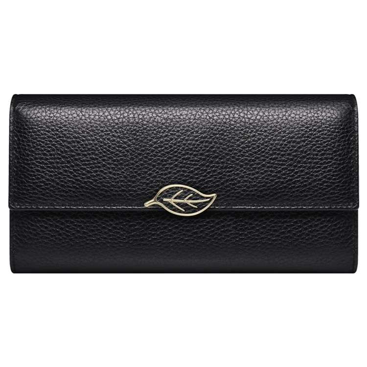 BANYANU BYN-853 Carteira Longa Feminina com Decoração de Folhas Textura de Lichia Couro Bovino - Preto 