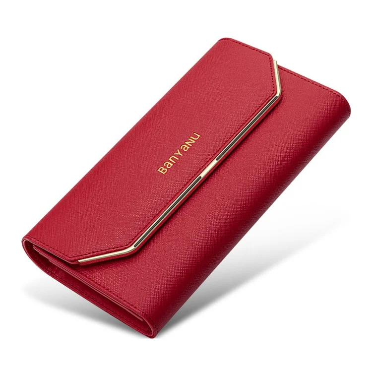 BANYANU BYN-1655 Second-layer Cowhide Women Wallet Cross Texture Long Purse - Wine Red