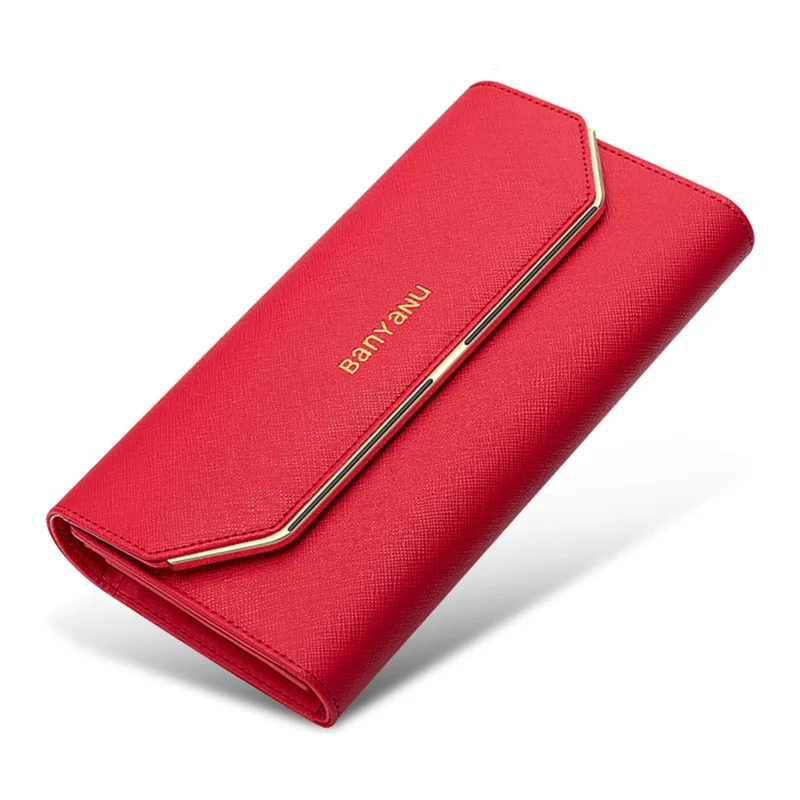 BANYANU BYN-1655 Second-layer Cowhide Women Wallet Cross Texture Long Purse - Red