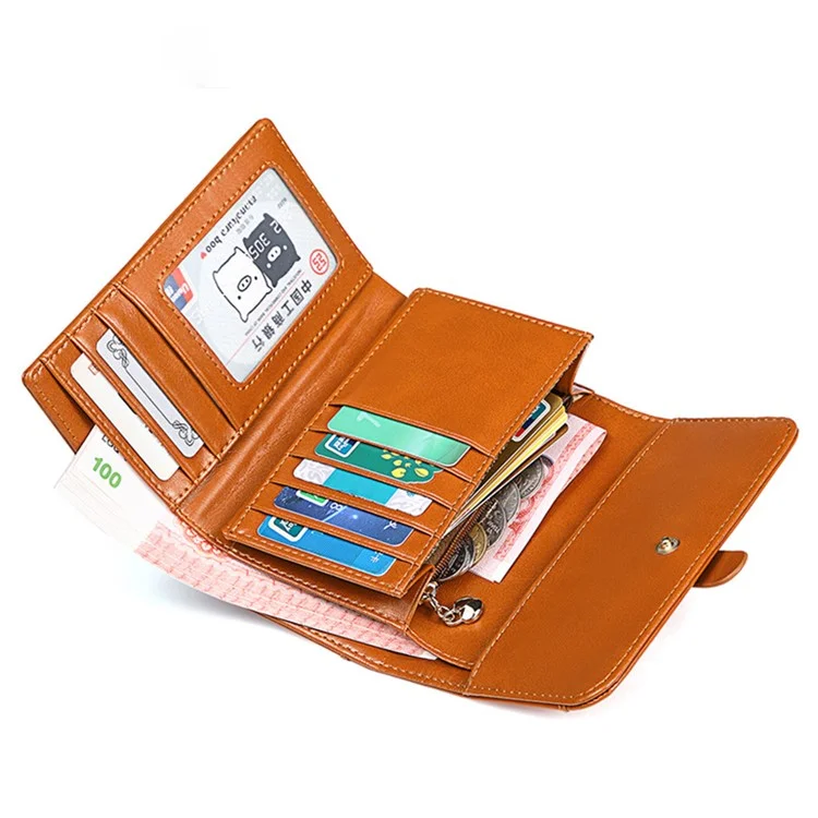 BANYANU BYN-8083 Carteira Elegante para Mulheres com Alça de Puxar e Couro de Vaca Encerado - Marrom