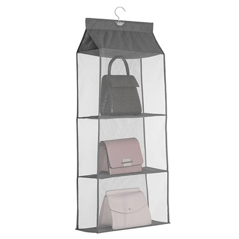3 Layers Hook Design Hanging Bag Non-Woven Organizer for Storing Handbag - Grey