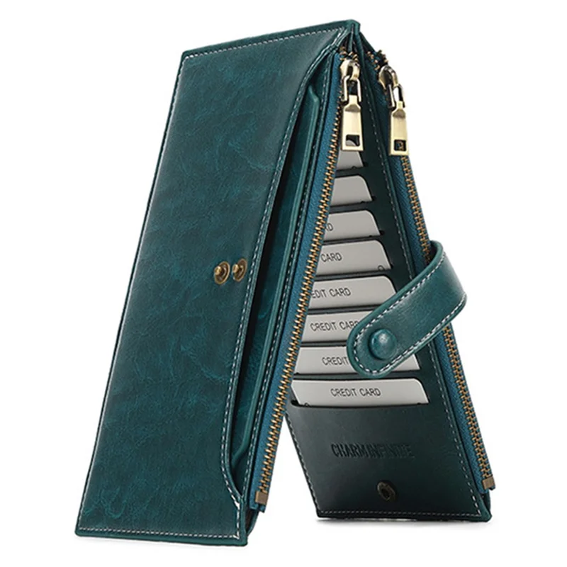 1672 Dual Zipper Layer Phone Purse Women RFID Blocking PU Long Wallet - Peacock Blue