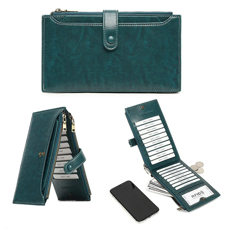 1672 Dual Zipper Layer Phone Purse Women RFID Blocking PU Long Wallet - Peacock Blue