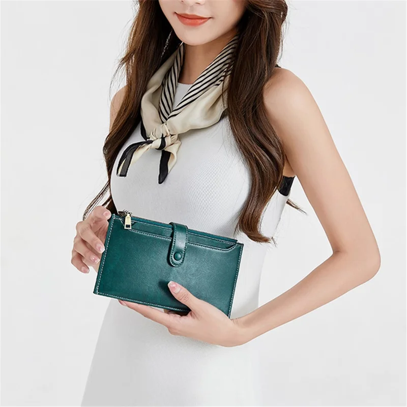 1672 Dual Zipper Layer Phone Purse Women RFID Blocking PU Long Wallet - Peacock Blue