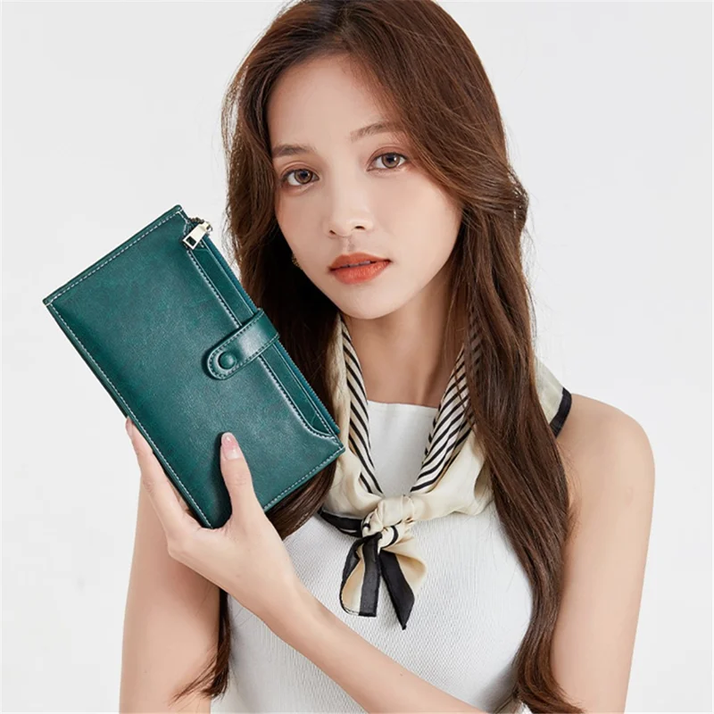 1672 Dual Zipper Layer Phone Purse Women RFID Blocking PU Long Wallet - Peacock Blue