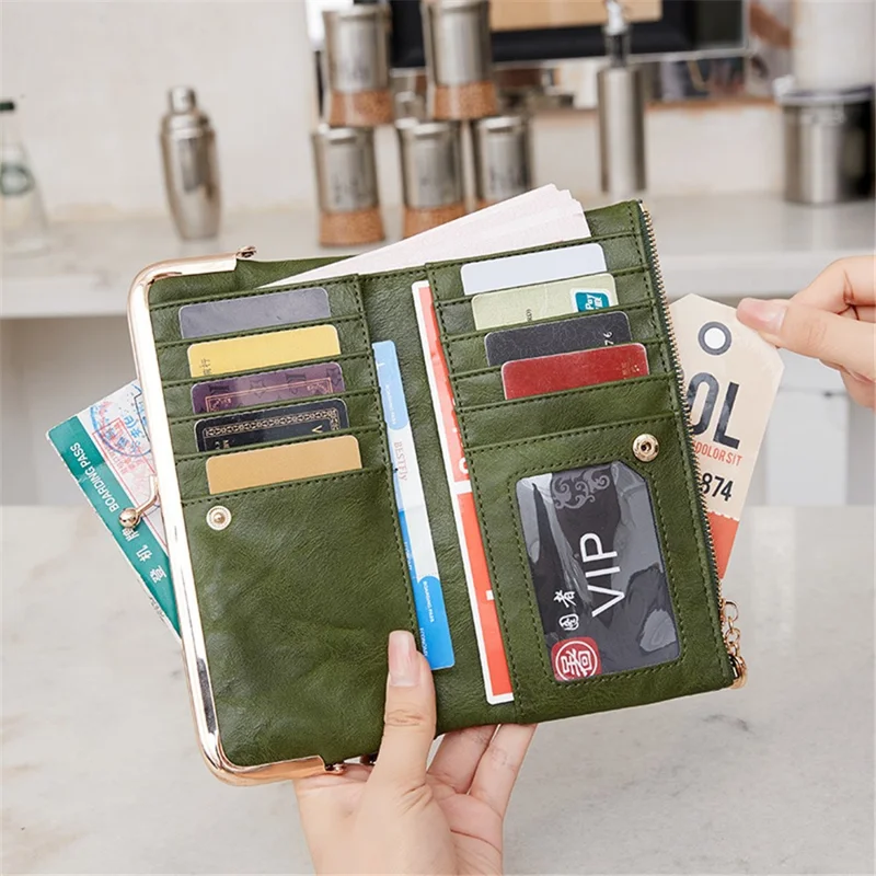 QB332 Vintage Kiss Lock Long Wallet PU Leather Women Zipper Coin Purse - Green