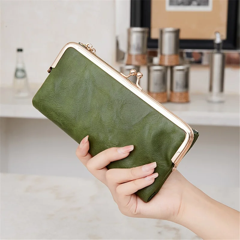 QB332 Vintage Kiss Lock Long Wallet PU Leather Women Zipper Coin Purse - Green