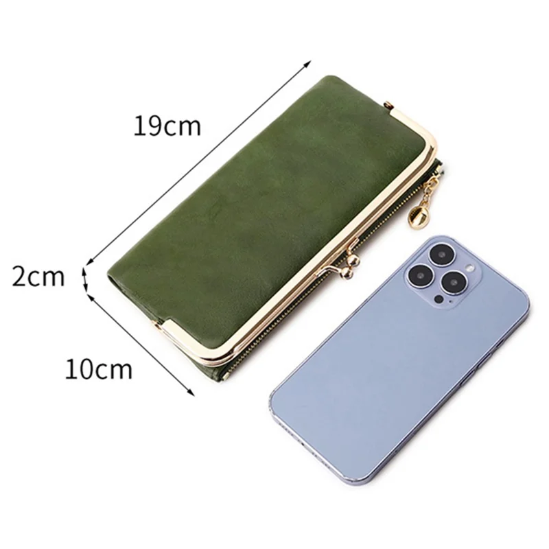 QB332 Vintage Kiss Lock Long Wallet PU Leather Women Zipper Coin Purse - Green