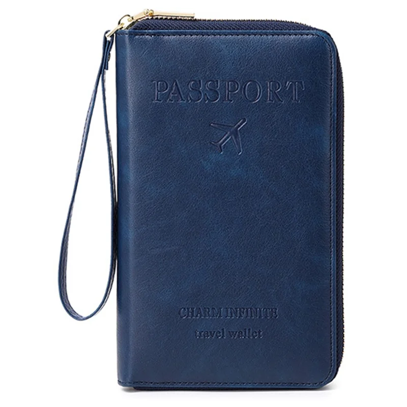CHARM INFINITE 1678 RFID Blocking Passport Bag PU Leather Travel Wallet - Dark Blue