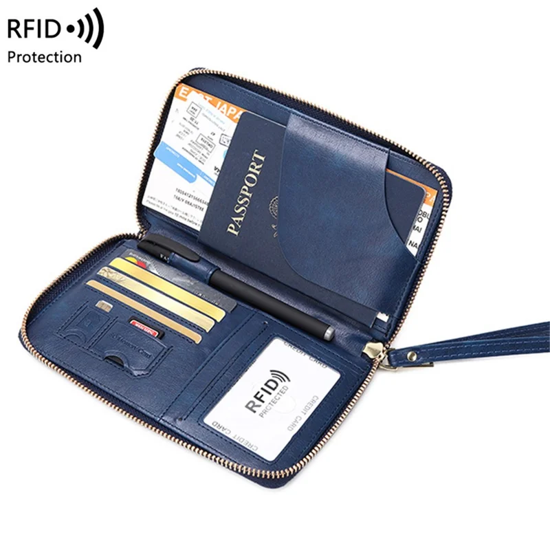 CHARM INFINITE 1678 RFID Blocking Passport Bag PU Leather Travel Wallet - Dark Blue
