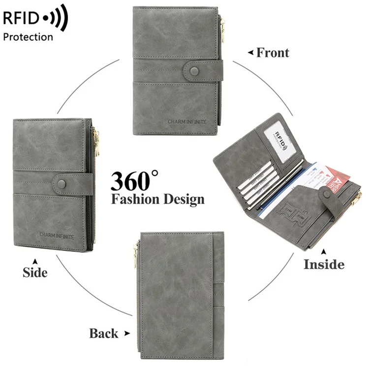 CHARM INFINITE 1676 Travel Passport Holder RFID Blocking PU Leather Wallet - Grey