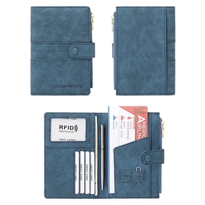 CHARM INFINITE 1676 Travel Passport Holder RFID Blocking PU Leather Wallet - Blue