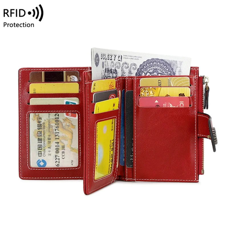 1668 Sac à main en cuir PU ciré RFID Blocking Zipper Pocket Women Short Wallet - Wine Red