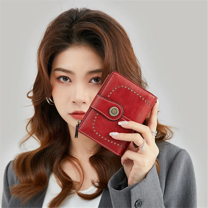 1668 Sac à main en cuir PU ciré RFID Blocking Zipper Pocket Women Short Wallet - Wine Red