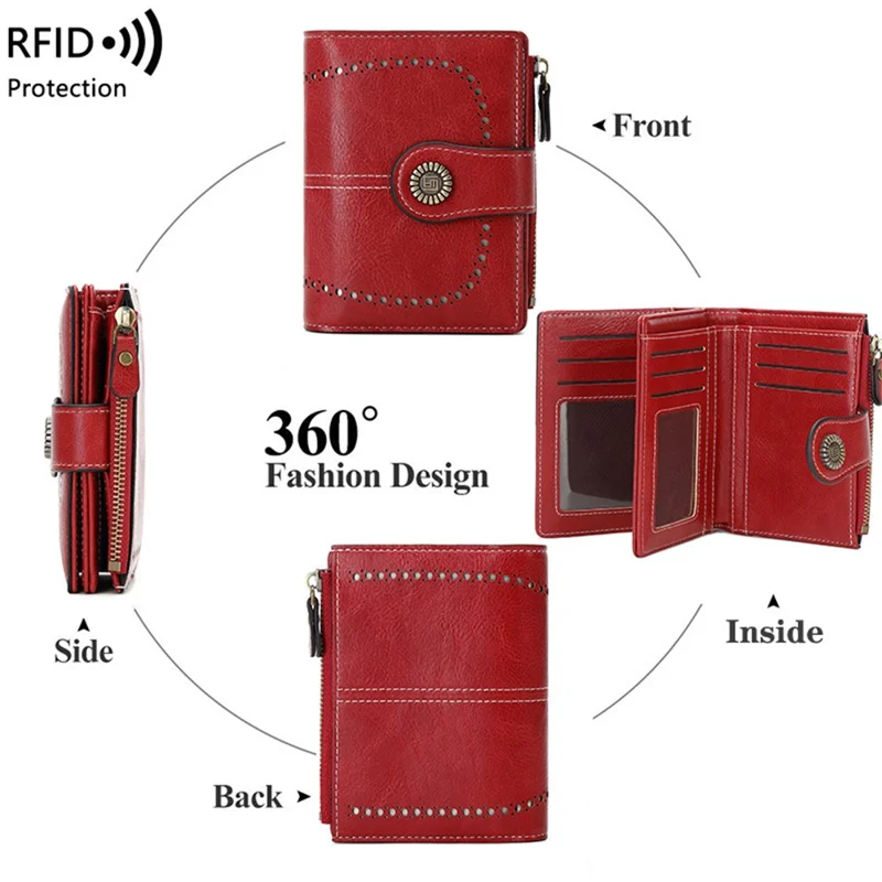 1668 Sac à main en cuir PU ciré RFID Blocking Zipper Pocket Women Short Wallet - Wine Red