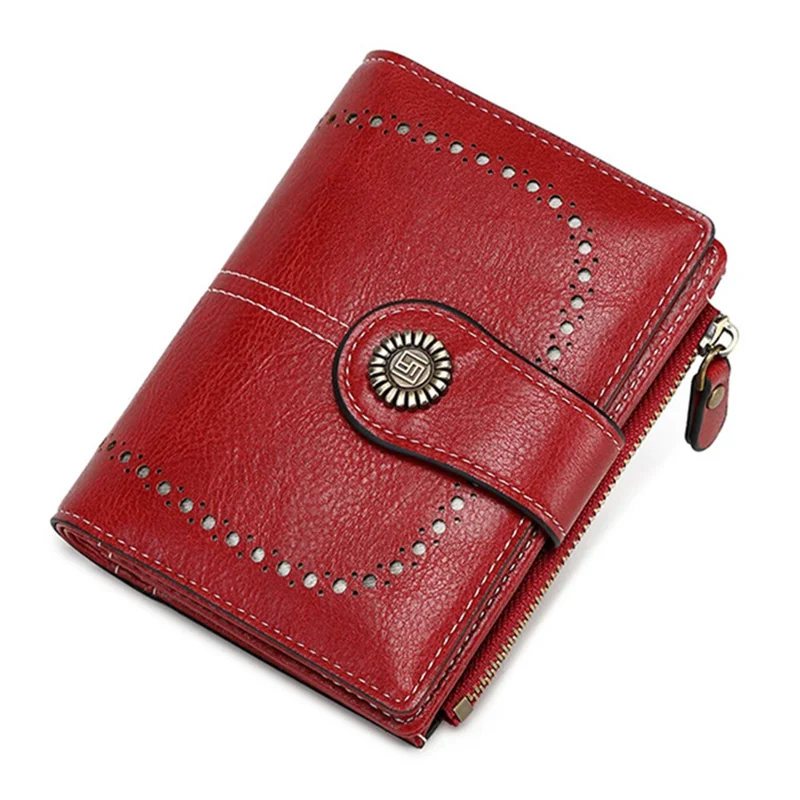 1668 Sac à main en cuir PU ciré RFID Blocking Zipper Pocket Women Short Wallet - Wine Red