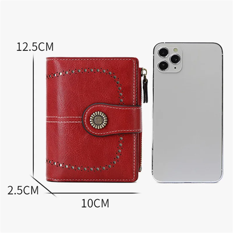 1668 Sac à main en cuir PU ciré RFID Blocking Zipper Pocket Women Short Wallet - Wine Red