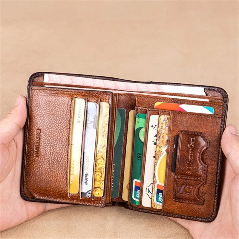 BANYANU N2011 Cowhide Men Tri-fold Short Wallet Cards Cash Holder - Brown