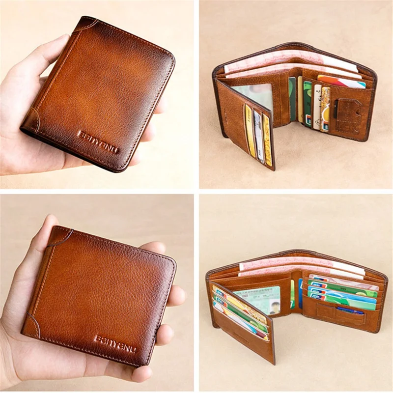 BANYANU N2011 Cowhide Men Tri-fold Short Wallet Cards Cash Holder - Brown