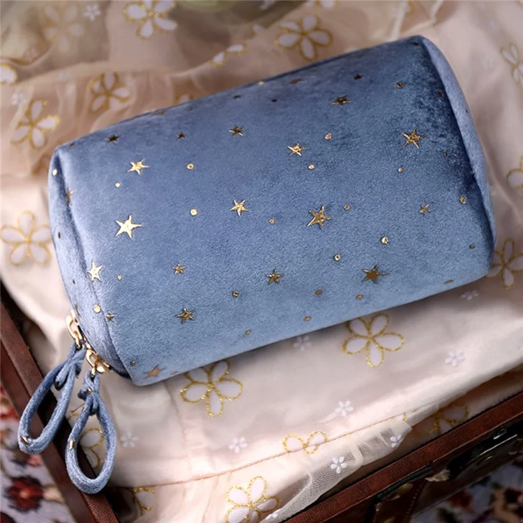Samtiger Kosmetikbeutel, tragbares Sternenmuster-Clutch-Bag, Reise-Make-up-Bag - Blau