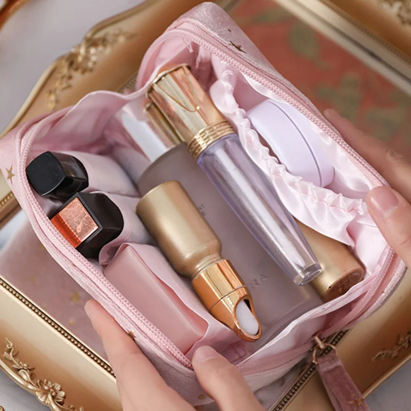 Velvet Cosmetic Bag Portable Star Pattern Clutch Bag Travel Makeup Bag - Pink