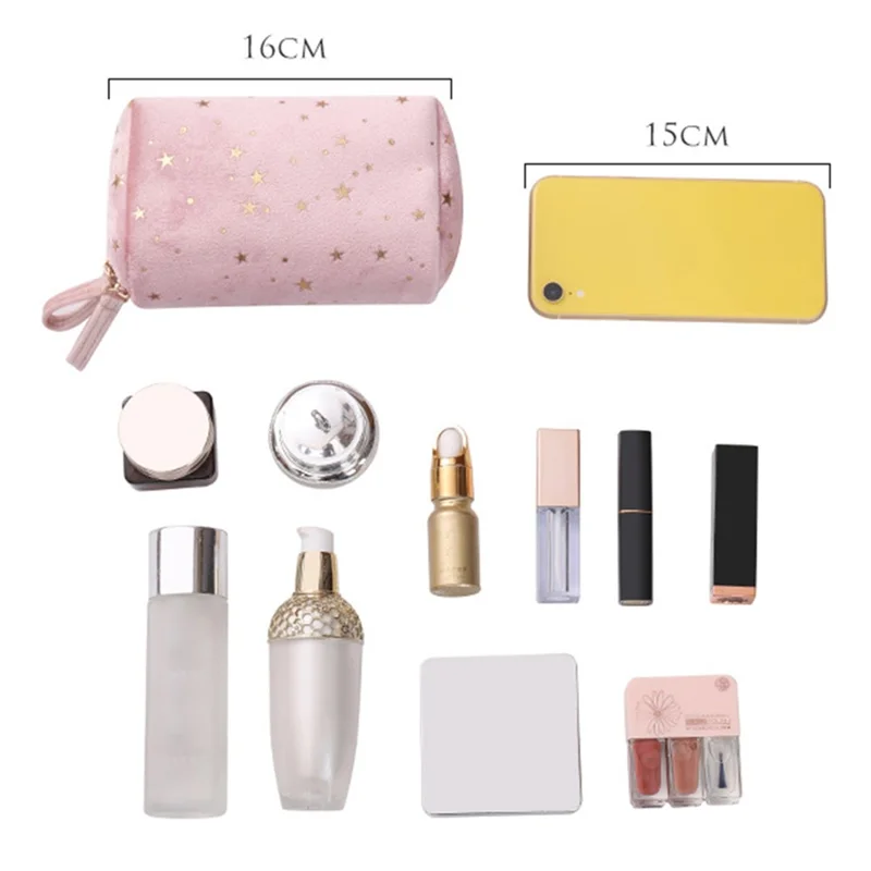 Velvet Cosmetic Bag Portable Star Pattern Clutch Bag Travel Makeup Bag - Pink