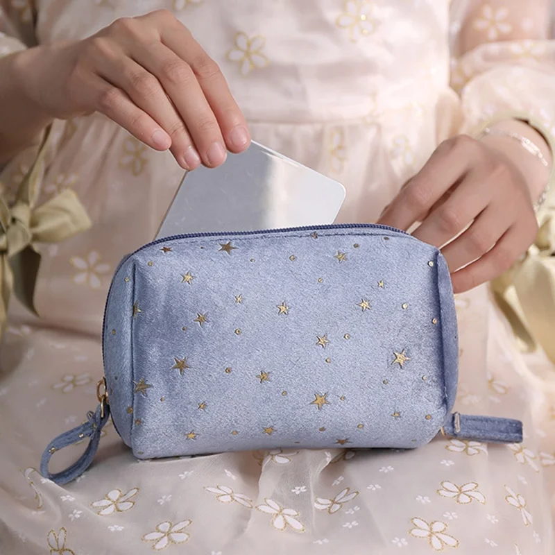 Velvet Cosmetic Bag Portable Star Pattern Clutch Bag Travel Makeup Bag - Khaki