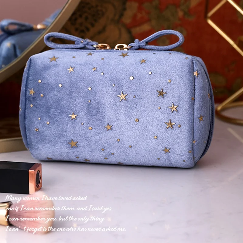 Velvet Cosmetic Bag Portable Star Pattern Clutch Bag Travel Makeup Bag - Khaki