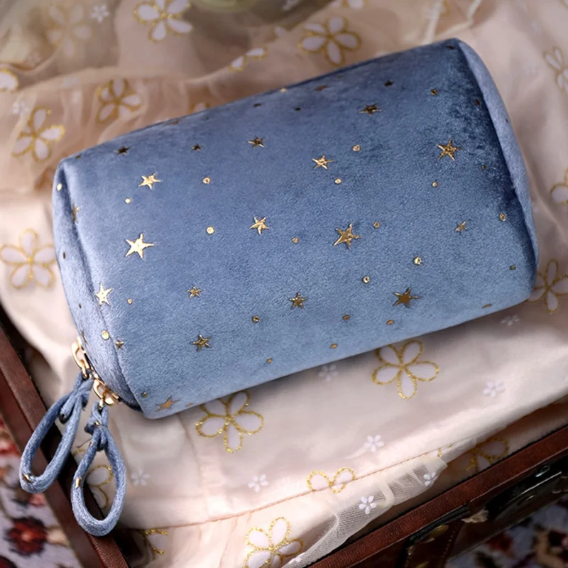 Velvet Cosmetic Bag Portable Star Pattern Clutch Bag Travel Makeup Bag - Khaki