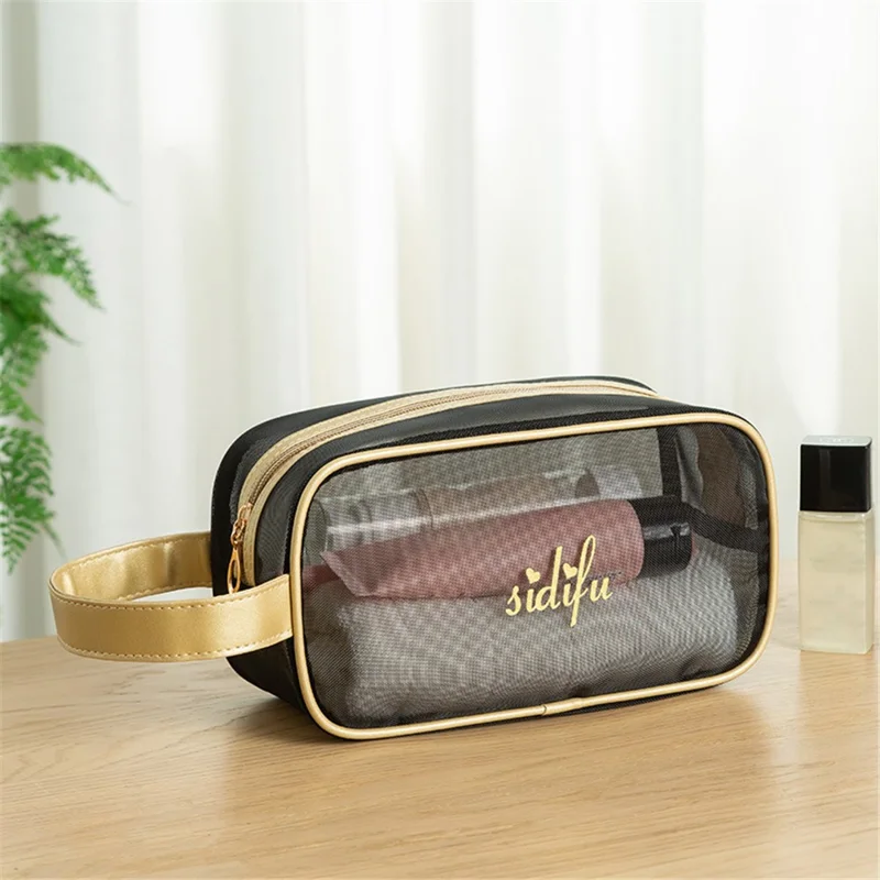 3Pcs / Set Fine Mesh Travel Makeup Bags Cosmetic Zipper Pouches Toiletry Bags - Gold