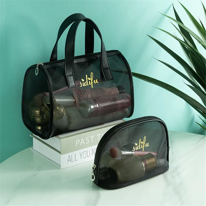 3Pcs / Set Fine Mesh Travel Makeup Bags Cosmetic Zipper Pouches Toiletry Bags - Gold