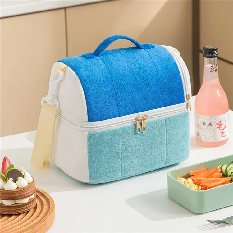 Velvet Cloth Double Layer Lunch Bag Insulated Bento Lunch Box Carrying Bag - Sapphire