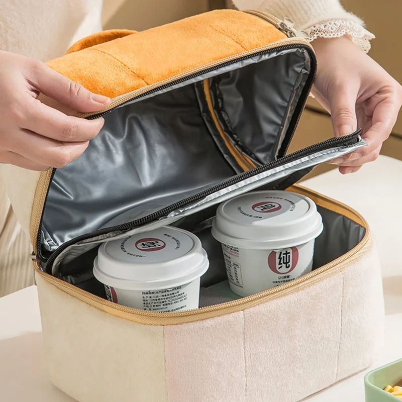 Velvet Cloth Double Layer Lunch Bag Insulated Bento Lunch Box Carrying Bag - Green