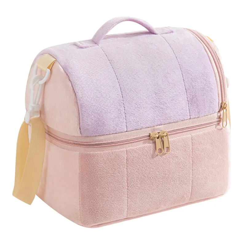 Velvet Cloth Double Layer Lunch Bag Insulated Bento Lunch Box Carrying Bag - Purple
