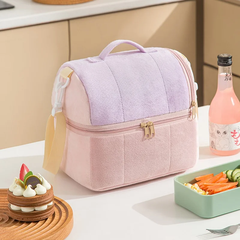 Velvet Cloth Double Layer Lunch Bag Insulated Bento Lunch Box Carrying Bag - Purple