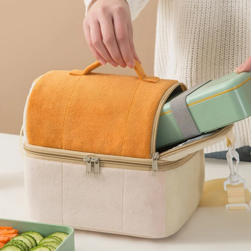 Velvet Cloth Double Layer Lunch Bag Insulated Bento Lunch Box Carrying Bag - Purple