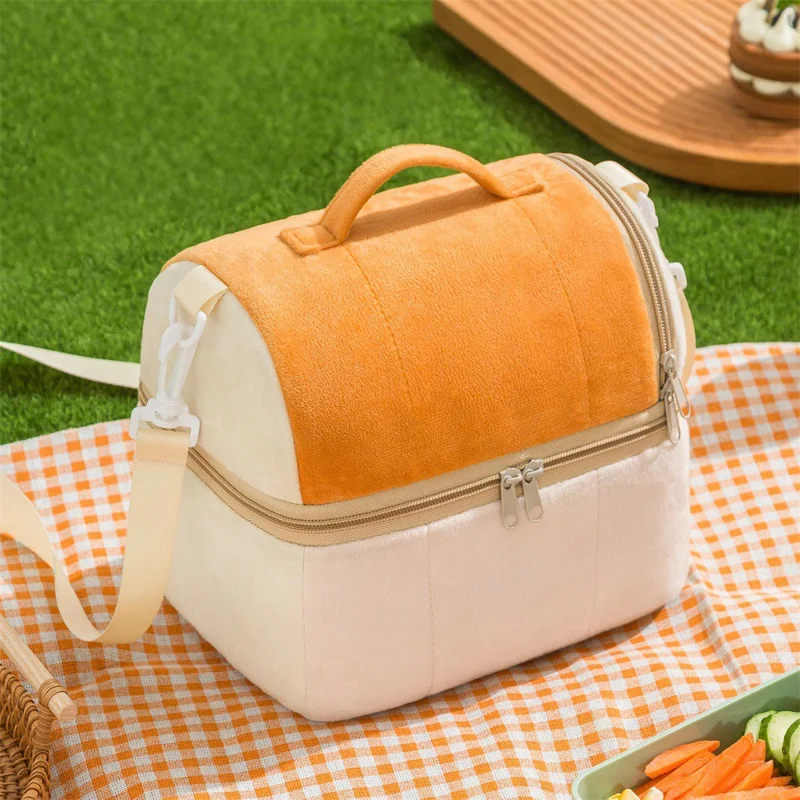 Velvet Cloth Double Layer Lunch Bag Insulated Bento Lunch Box Carrying Bag - Purple