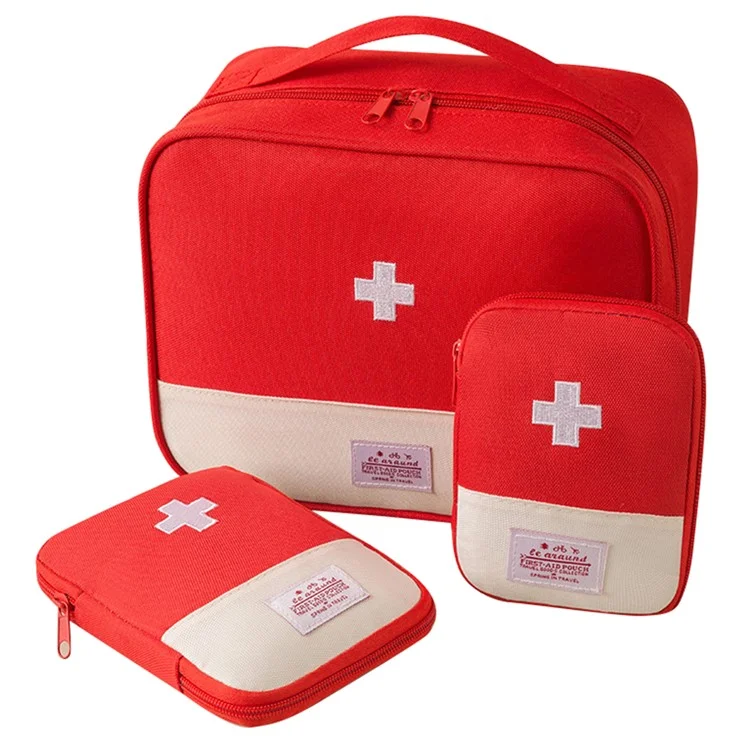 3Pcs / Set Zippered Travel Medicine Bag Oxford Cloth Pill Organizer Storage Case - Red