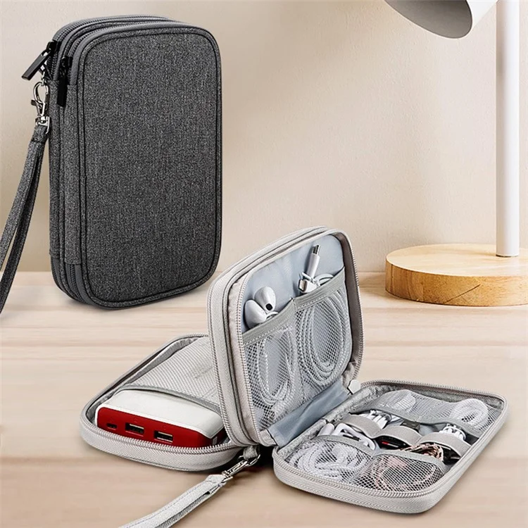 Dual Layer Cable Organizer Waterproof Portable Digital Storage Bag, Size M - Grey