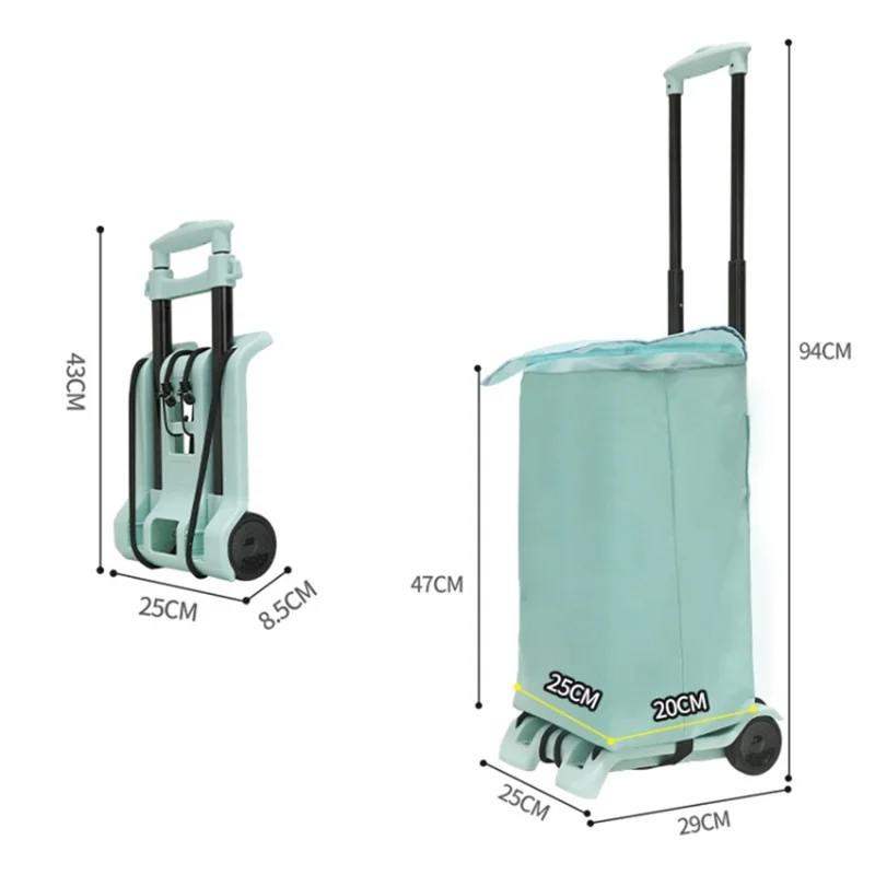 Folding Shopping Trolley 2-Wheels Shopping Cart Grocery Trolley with Storage Bag - Green
