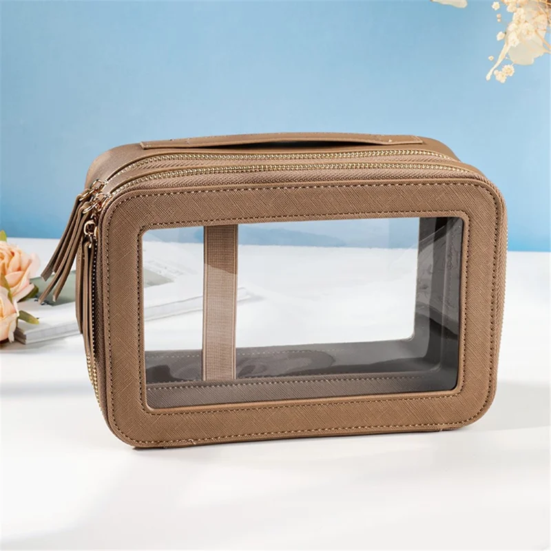 Travel Transparent PVC Double Layer Waterproof PU Leather Cosmetic Bag - Khaki
